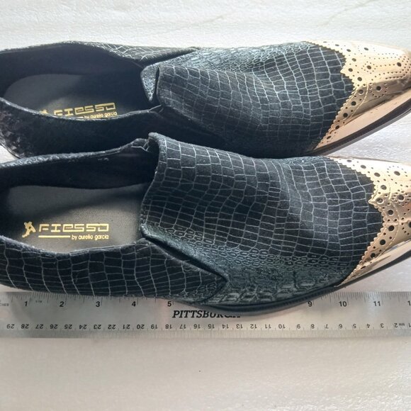 Fiesso by Aurelio Garcia Black Croc & Gold Toe Loafers Mens 13 Great Cond - Picture 7 of 13